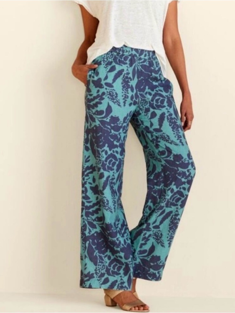 Soft Surroundings NWT Tropical Biscay Floral Lucca Wide Leg Pants Blue Small